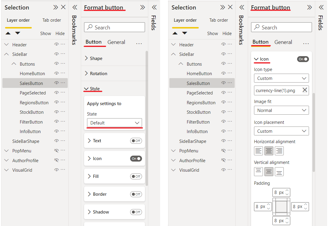 Button format panel states