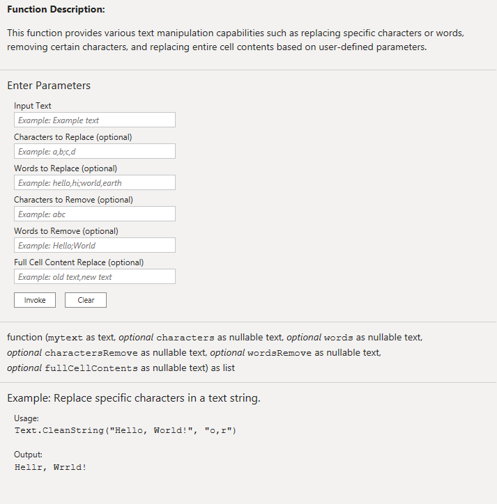 Power Query Text Cleaning Function UI